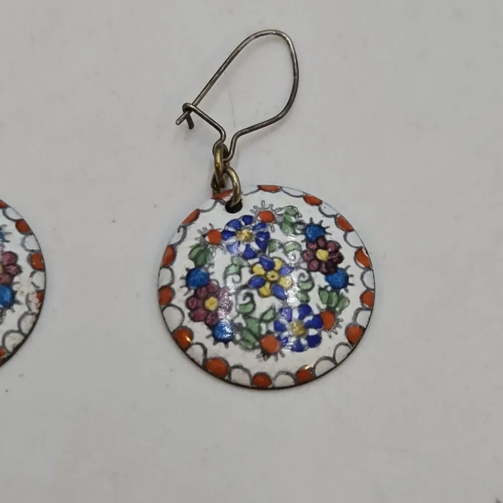Vintage Austrian Earings Enameled On Copper Flowers Dangle Folk Art